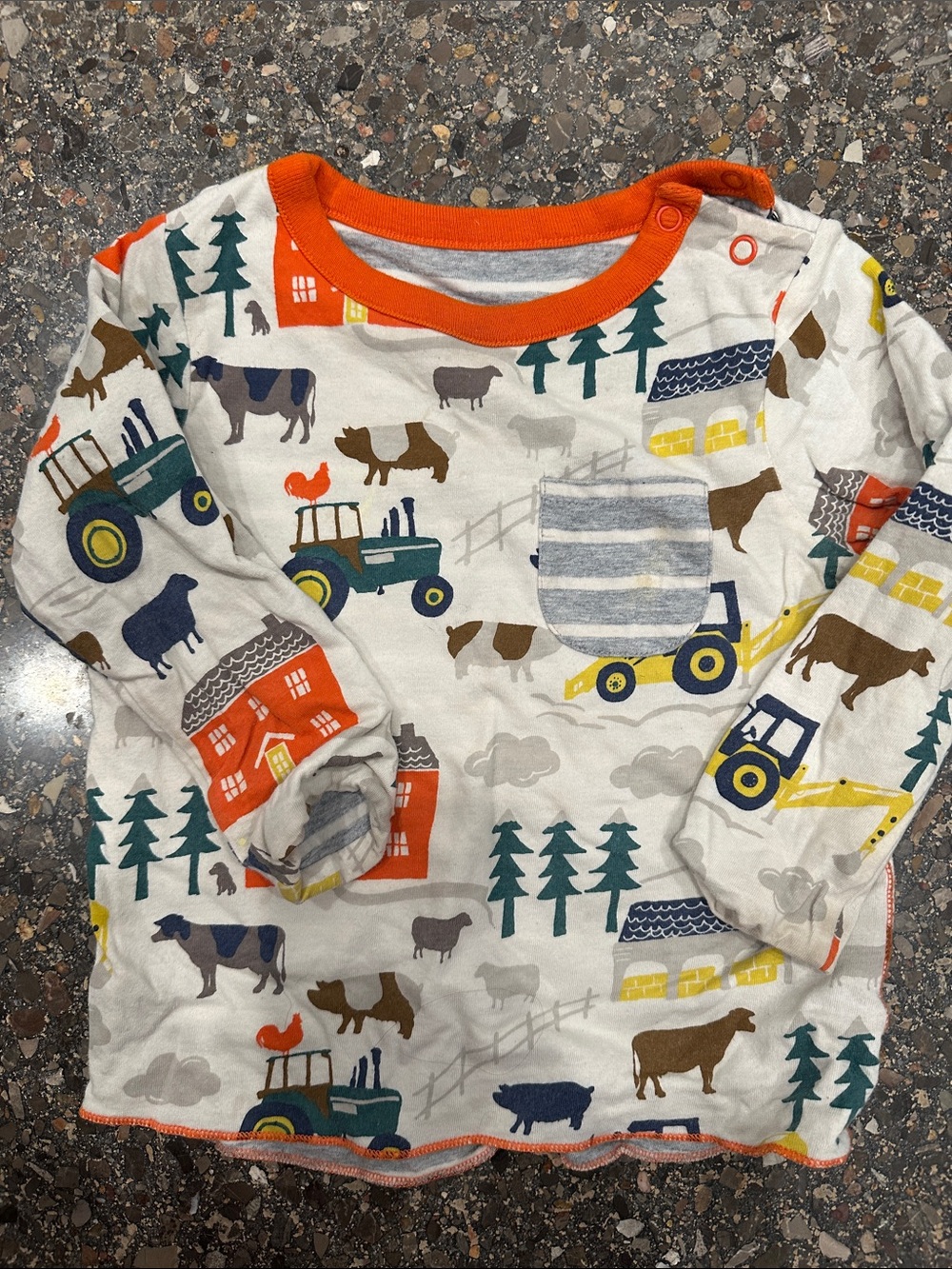 Mini Boden Cream Long-Sleeve Farm Print Tee with Orange Trim